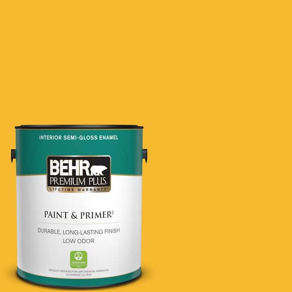 BEHR PREMIUM PLUS 1 gal. Home Decorators Collection #HDC-MD-02A Yellow Groove Semi-Gloss Enamel Low Odor Interior Paint & Primer