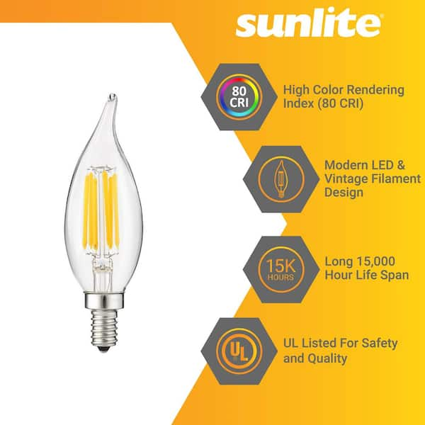 Sunlite 60 Watt Equivalent CA11 Dimmable Clear Filament Flame Tip