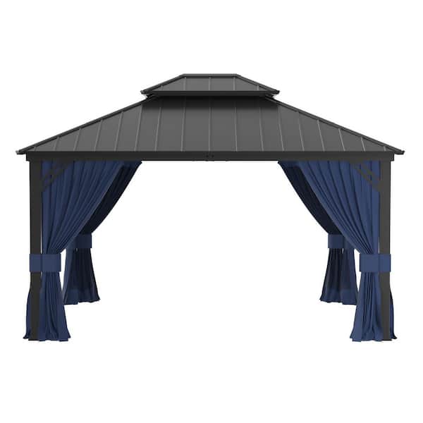 12 ft. x 14 ft. Gray Metal Hardtop Gazebo with Double Roof Pergola, Netting and Curtain Navy