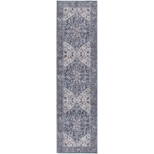 Unbranded Machine Washable Series 1 Navy Ivory 2 ft. x 10 ft. Distressed Traditional Runner Area Rug