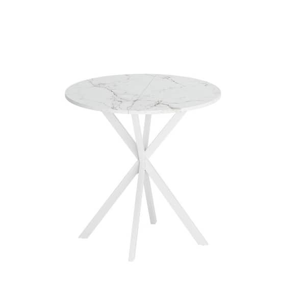 Unbranded 31.5 in. White Wood Round Cross Leg Outdoor Dining Table with White Marble Top and Two Piece Removable Top
