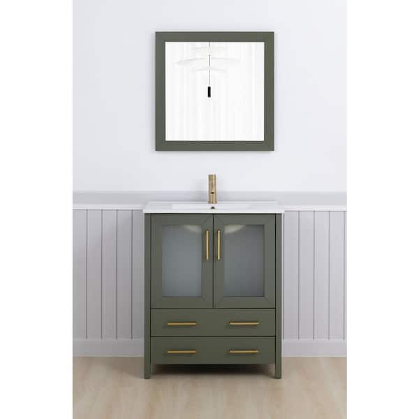 30 in. W x 18 in. D x 36 in. H Vintage Green Bath Vanity with White Ceramic Top and Mirror