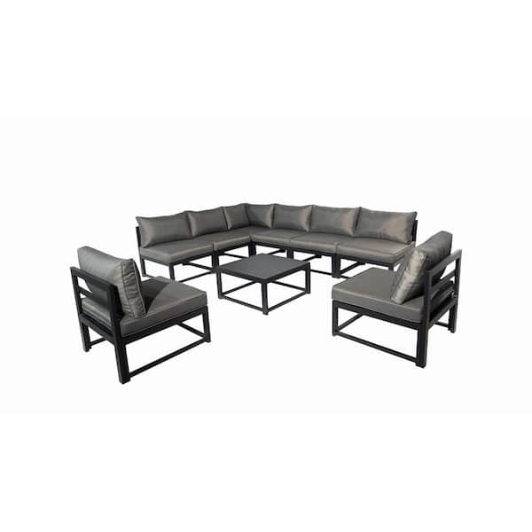 PATIOPTION Outdoor Furniture Set, 9 Pieces Aluminum Sectional Sofa Set with Gray Cushion and Coffee Table - 1 Cornerplus 7 Middle