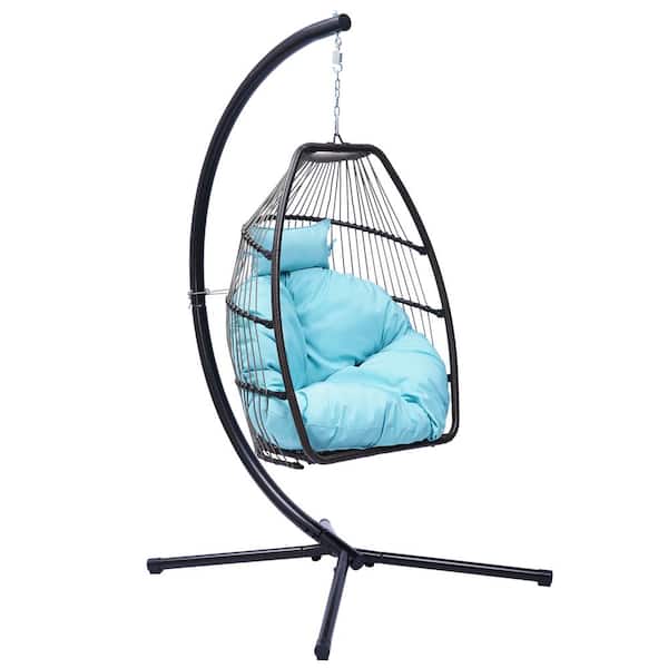Afoxsos 45 in. W 1-Person Black Frame Patio Wicker Swing Hammock Egg Chair with C Type Bracket in Blue Cushion and Pillow