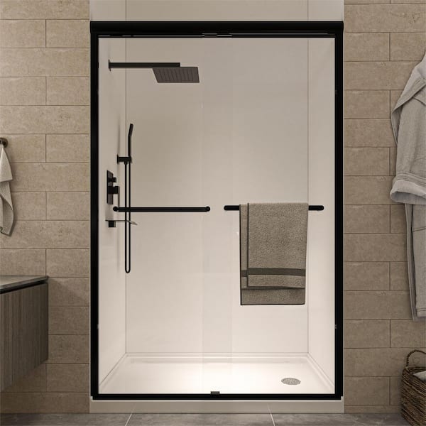 waterpar 46 in. to 48 in. W x 72 in. H Sliding Framed Shower Door in Matte Black with Clear Glass Double Sliding Reversible