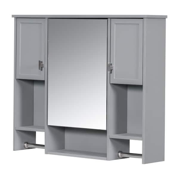 35 in. W x 28 in. H Rectangular MDF Medicine Cabinet with Mirror and Towels Bar in Gray