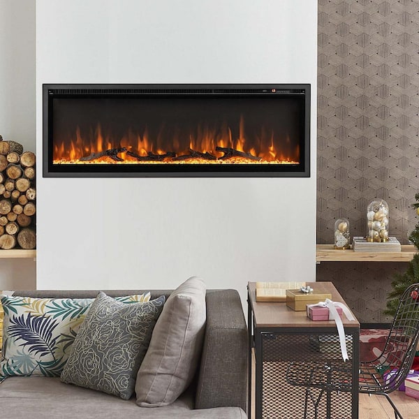 50 in. Wall Mounted Freestanding Metal Electric Fireplace Recessed with Remote Control in Black