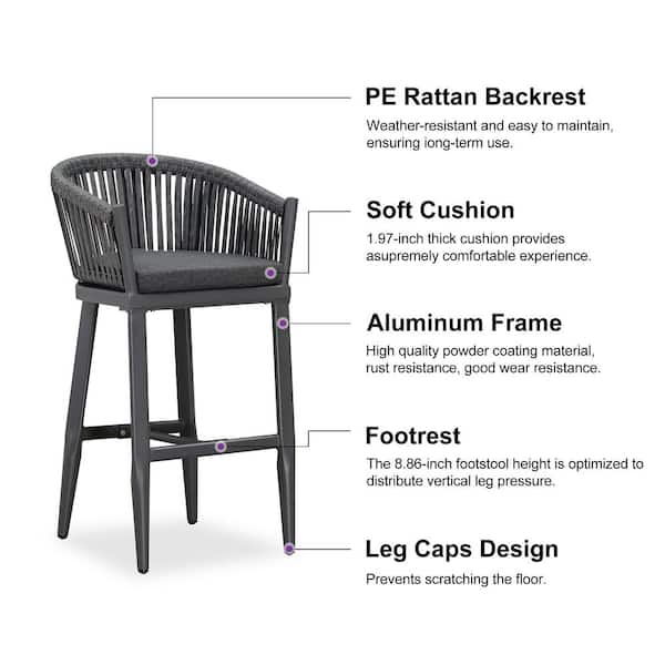 Modern Aluminum PE Rattan Bar Height Outdoor Bar Stool with Back and Grey Cushion (4-Pack)