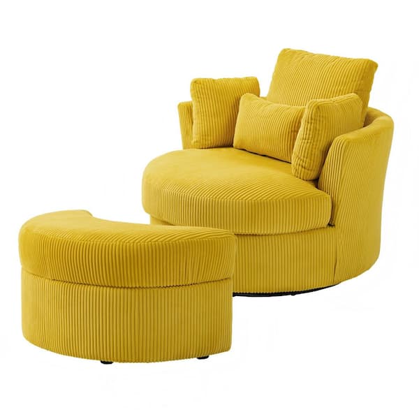 Uixe Mustard Yellow Corduroy Fabric Upholstered Swivel Accent Barrel Chair with Storage Ottoman and Pillows (Set of 1)