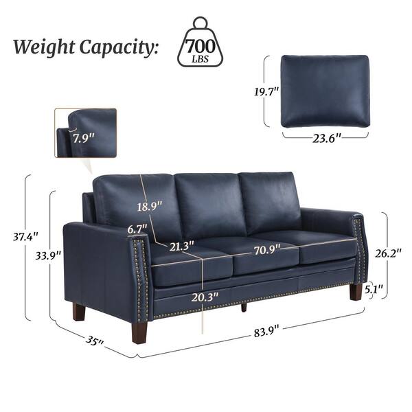 OrangeOne Sampson 84 in. Genuine Leather Square Arms 3-Seat Sofa