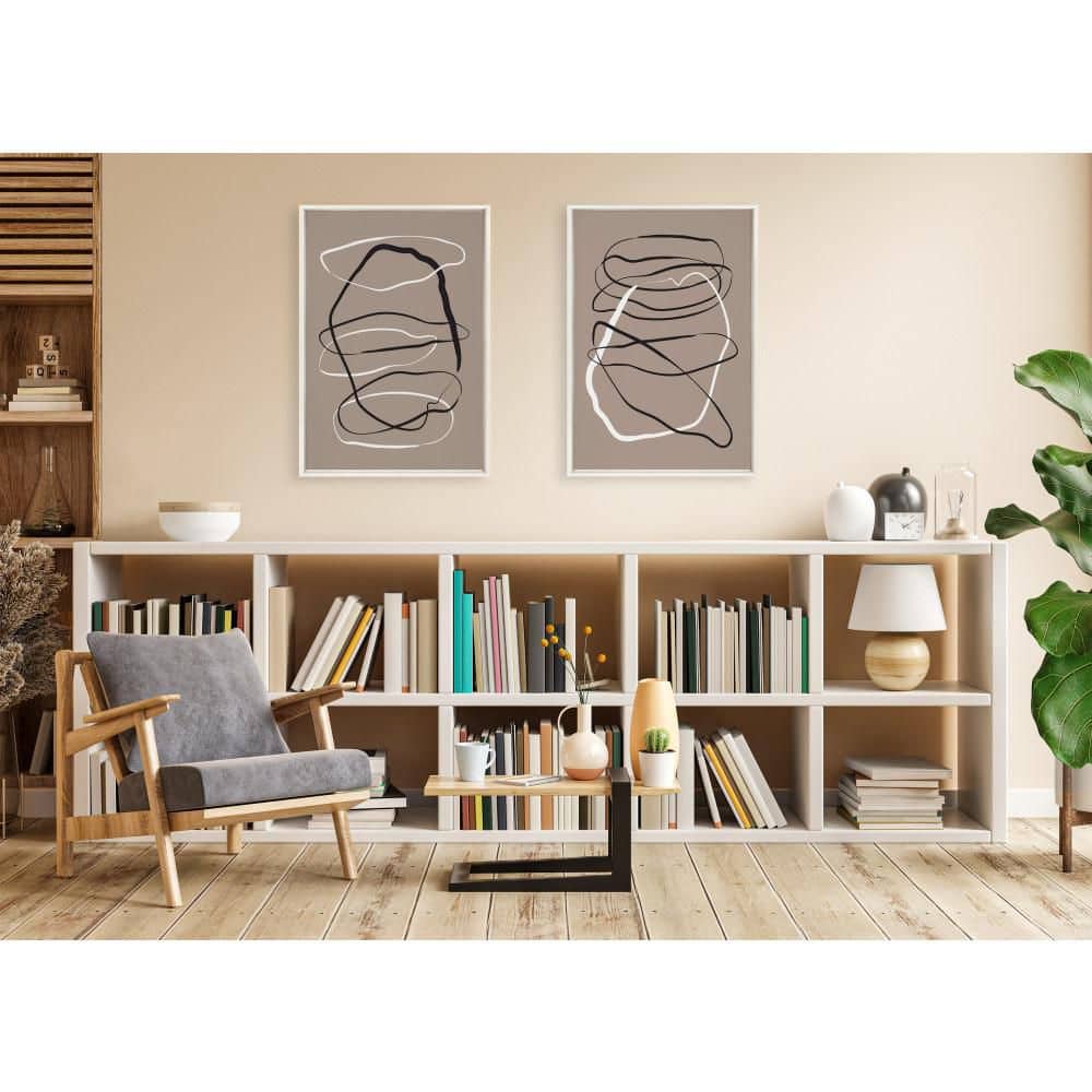 Brown Black and White Abstract Canvas Art Set with White Frame