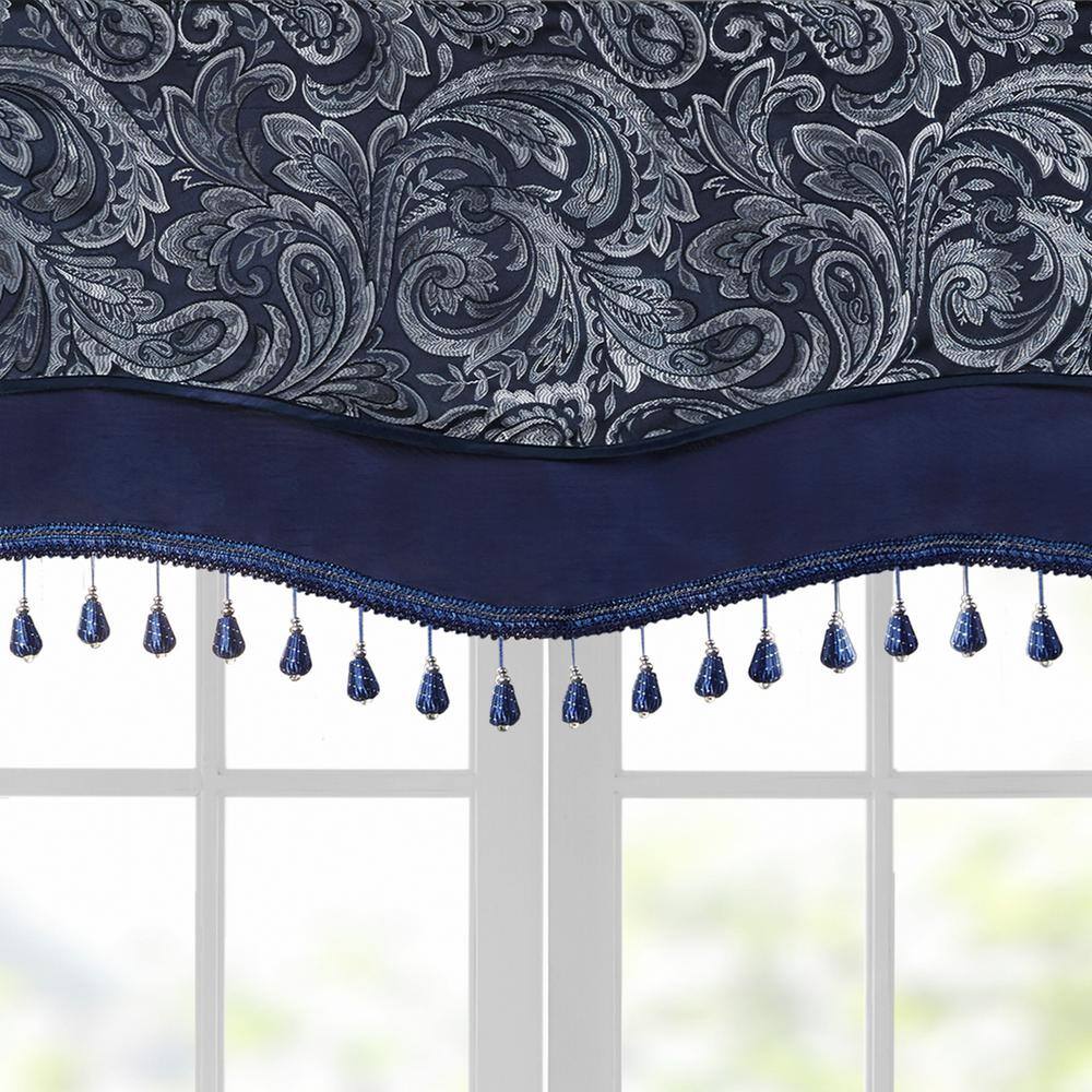 Navy Faux Silk Jacquard Beaded Window Valance