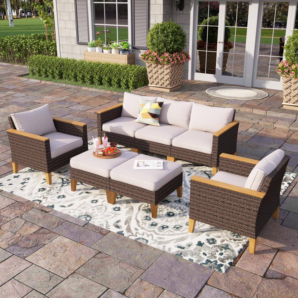 PHI VILLA Brown Rattan Wicker 7 Seat 7-Piece Steel Outdoor Sectional Set with Beige Cushions and 2 Ottomans