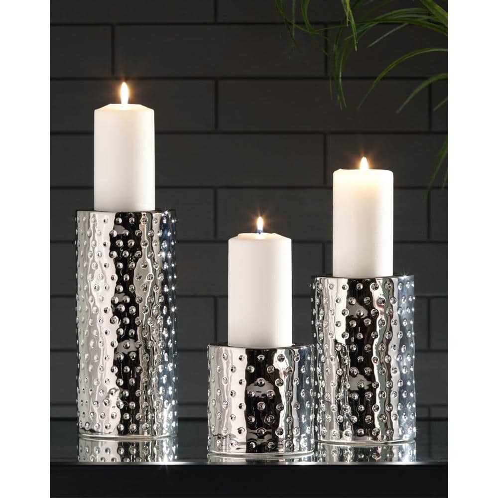 Contemporary Marisa 4.8" Silver Ceramic Candle Holder Set