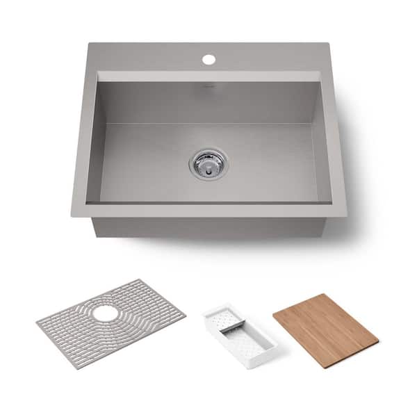 KOHLER Task Workstation 27 in. Drop-In Single Bowl 16-Gauge Stainless Steel Kitchen Sink with 1 Faucet Hole