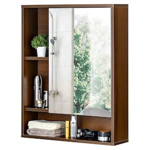 21.6 in. W x 6.3 in. D x 24 in. H Walnut Bathroom Mirror Wall Cabinet with Single Door and Adjustable Shelf