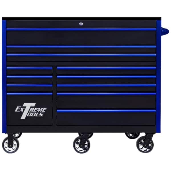 Extreme Tools RX 55 in. 12-Drawer Roller Cabinet Tool Chest in Black with Gloss Blue Handles and Trim