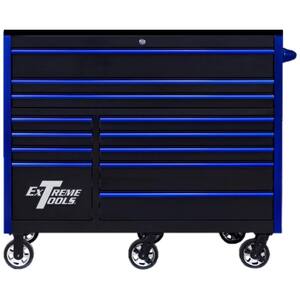 RX 55 in. 12-Drawer Roller Cabinet Tool Chest in Black with Gloss Blue Handles and Trim
