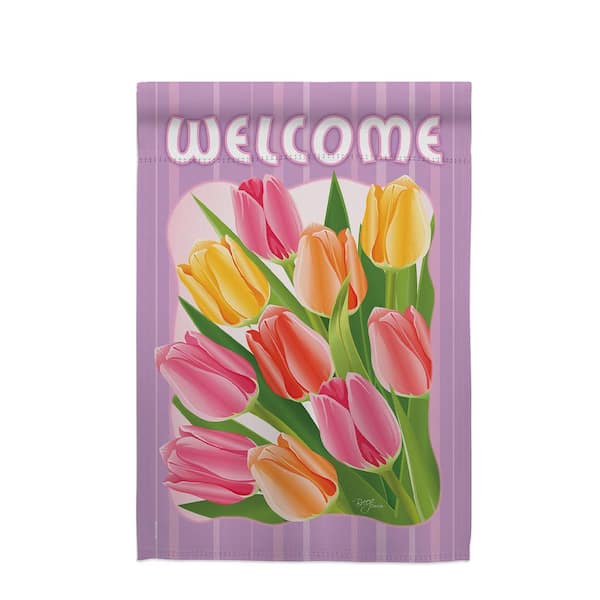 Breeze Decor 13 in. x 18.5 in. Welcome Tulips Flowers Blossom Petals Nature Floral Spring Vertical Double-Sided Garden Flag