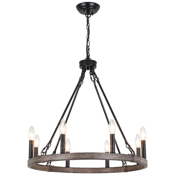 8-Light Black and Imitation Wood Grain Wagon Wheel Farmhouse Chandelier Modern Industrial Pendant Light