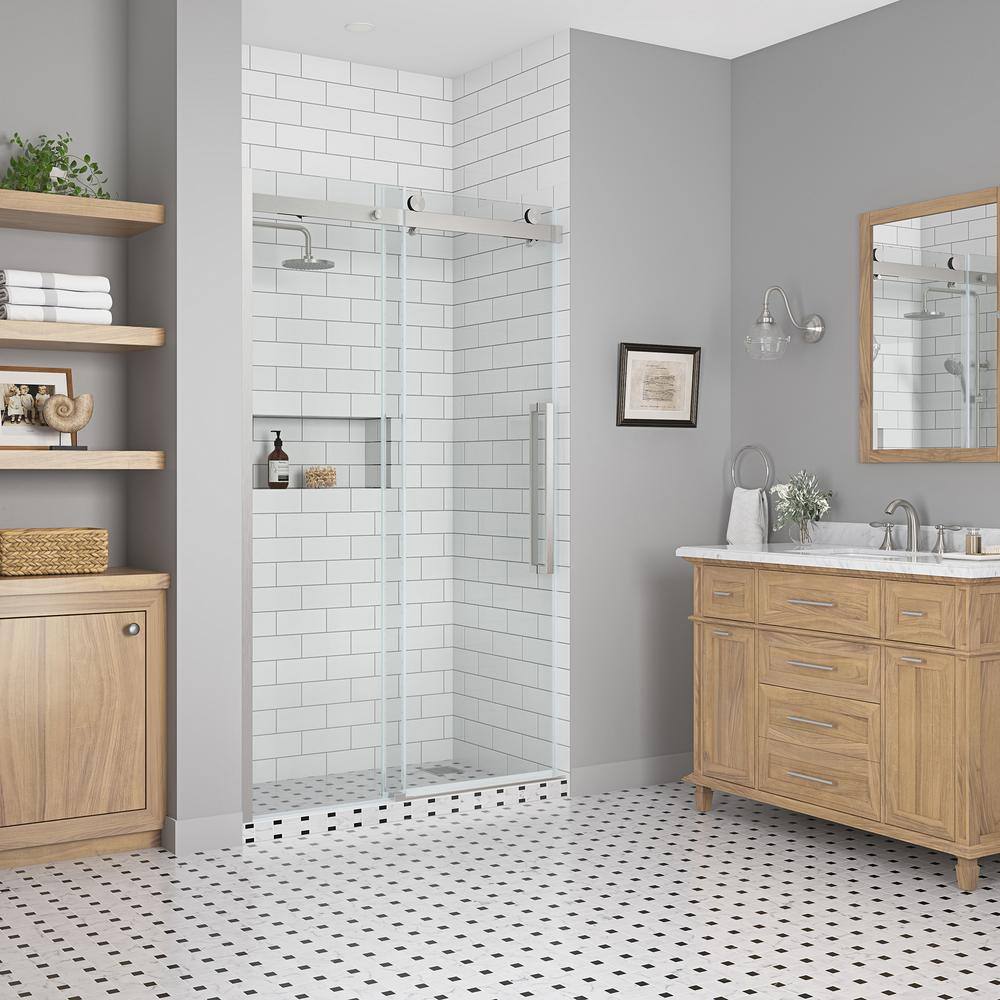 Satin Nickel Frameless Sliding Soft Close Shower Door with Clear Glass