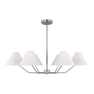 Burke 6-Light Brushed Steel Large Chandelier with White Linen Fabric Shades
