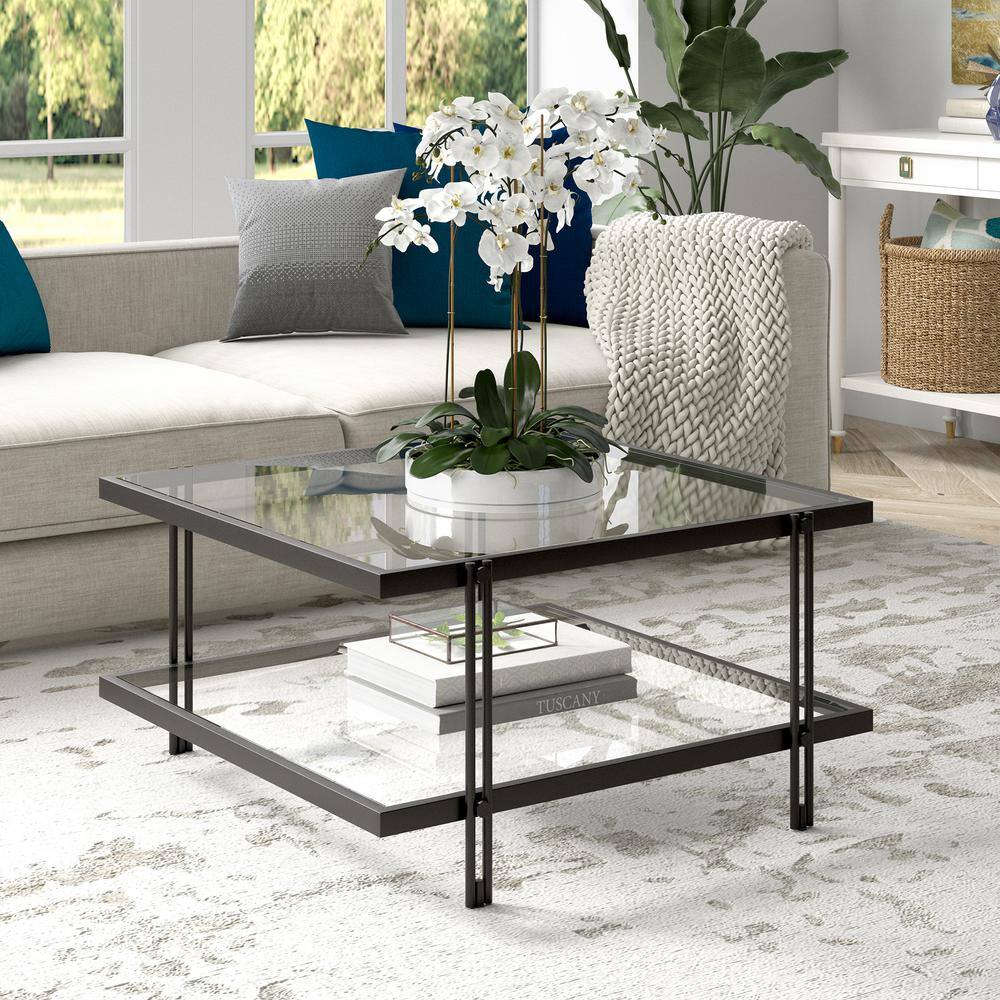Modern Square Glass Coffee Table with Lower Shelf in Blackened Bronze