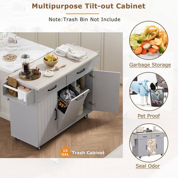 Gray Wood Rolling Kitchen Cart with Trash Can Storage Cabinet