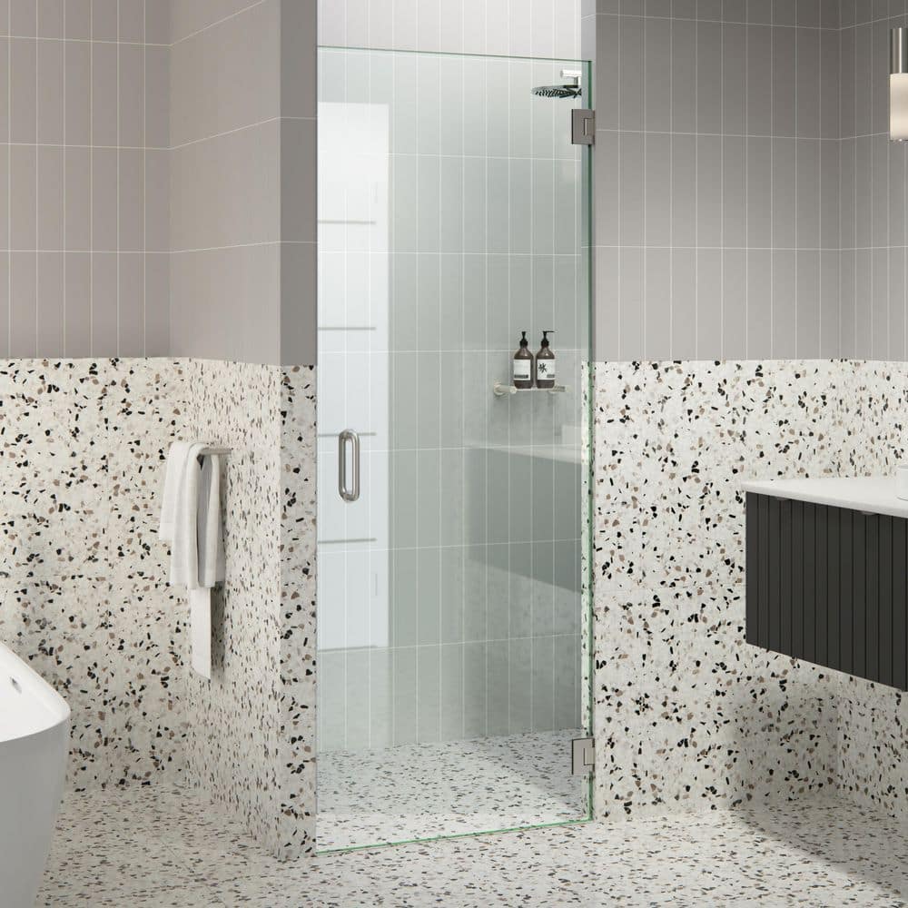 30 in. x 78 in. Clear Tempered Glass Frameless Pivot Shower Door in Brushed Nickel