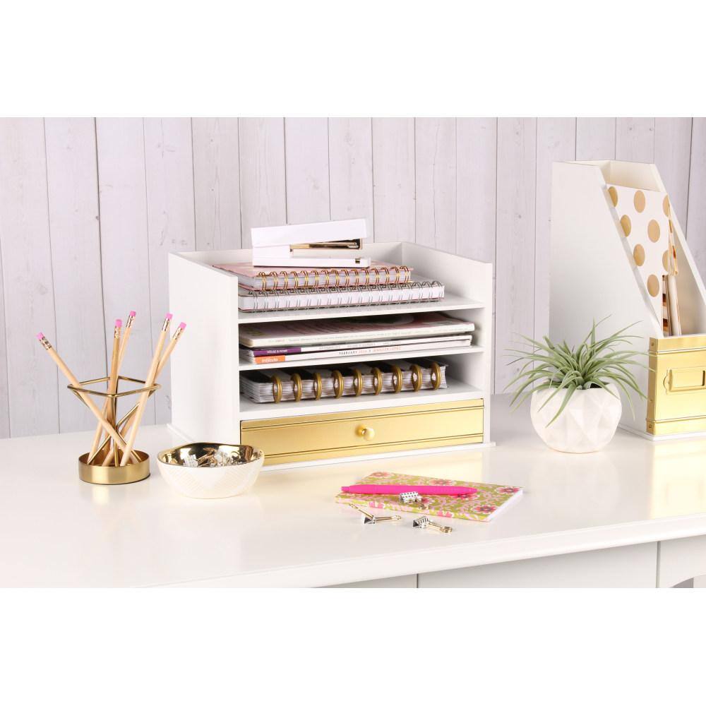 White and Gold Wood Letter Tray with Drawer