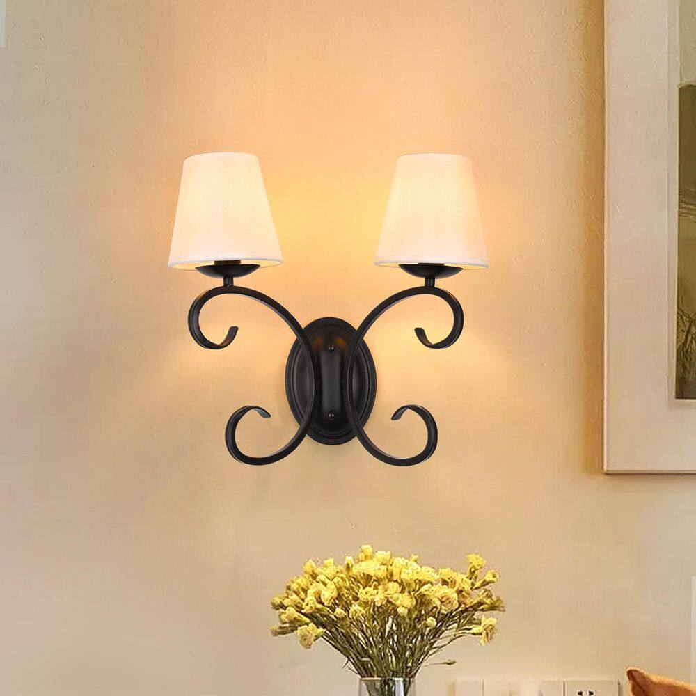 Modern 15.45 in. 2-Light Matte Black Farmhouse Candlestick Wall Sconce with White Fabric Shade price history on PriceWatchPro