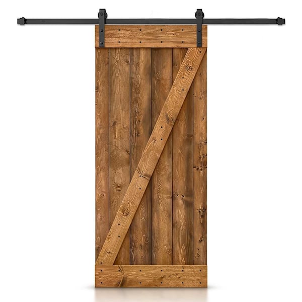 CALHOME Distressed Z 24 in. x 84 in. Walnut Stained DIY Solid Knotty Pine Wood Interior Sliding Barn Door with Hardware Kit
