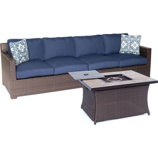 Hanover Metropolitan Brown 3-Piece All-Weather Wicker Patio Fire Pit Sofa Seating Set with Navy Blue Cushions