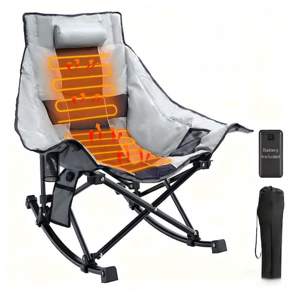 SEEUTEK Grey and Black Oversized Heated Rocking Camping Chair, Portable Folding Heated Chairs Outdoor Sports with Power Bank
