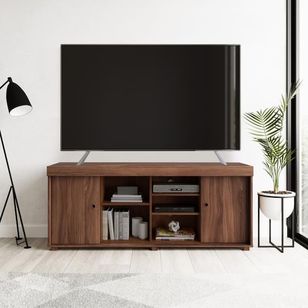 TECHNI MOBILI 63 in. W Walnut TV Stand with Storage, Fits TV'S up to 65 in.