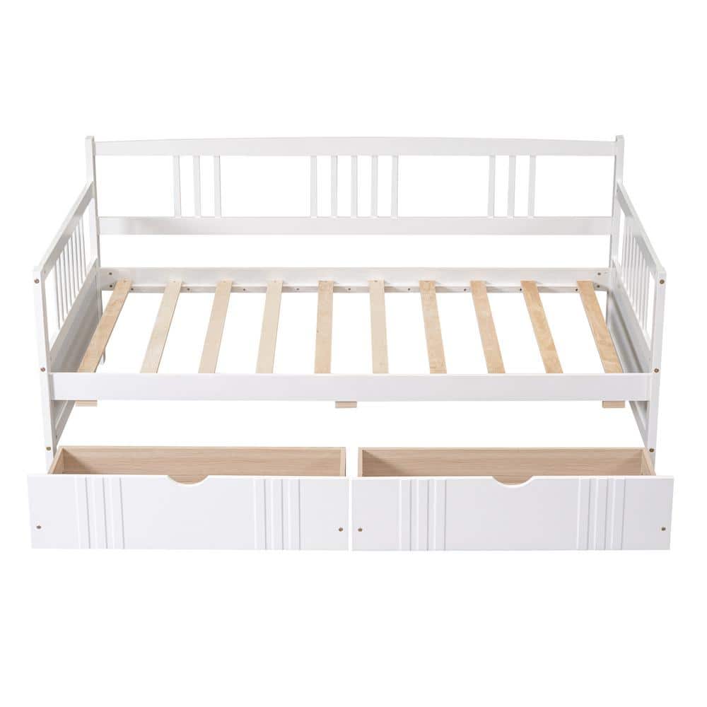 White Twin Size Pine Wood Daybed with 2 Drawers