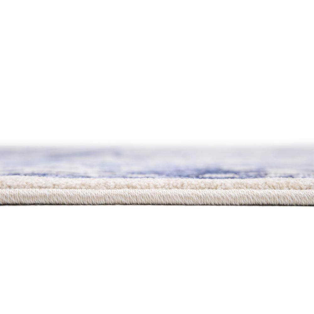 Ivory and Blue Square Stain-Resistant Synthetic Rug, 6' x 6'