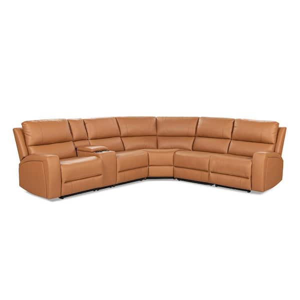122 in. Modern Power Motion 6-Piece Reclining Leather Corner Sectional Sofa with Cup Holders in. Classic Light Gray