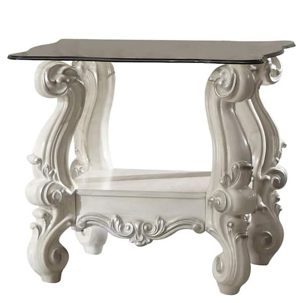 ACME Furniture Versailles 28 in. Bone White Finish Square Glass End Table with No Additional Feature