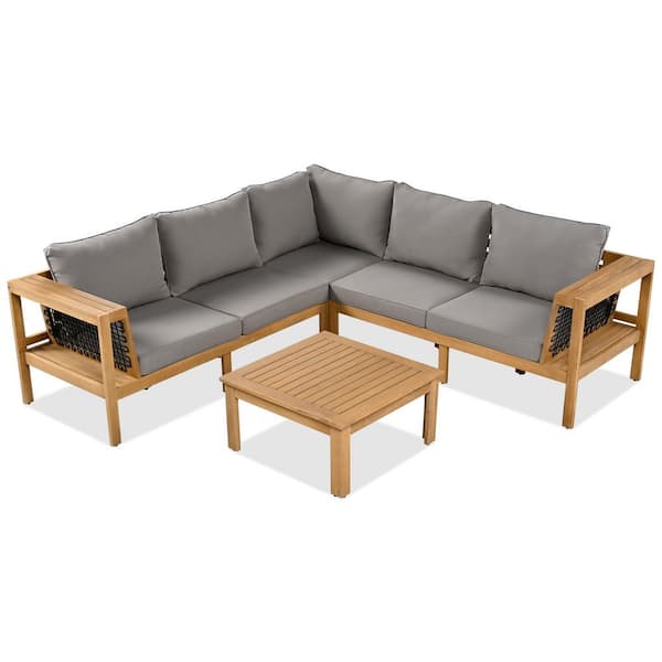 Natural Wood Outdoor Sofa Sectional Set, Patio Conversation Set with Gray Cushions