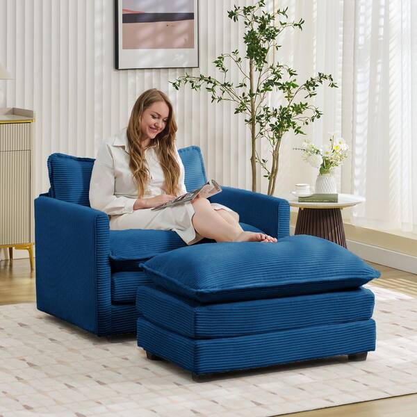 JEAREY Modern Navy Corduroy Accent Armchair with Ottoman for Living E46SF 1 NY