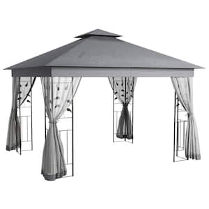 10 ft. x 11.5 ft. Gray Double Roof Outdoor Gazebo Canopy Shelter with Tree Motifs Corner Frame and Netting