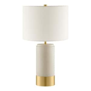 Brayward 25 in. Tan Concrete With Gold Metal Trim Table Lamp With Off-White Linen Fabric Shade