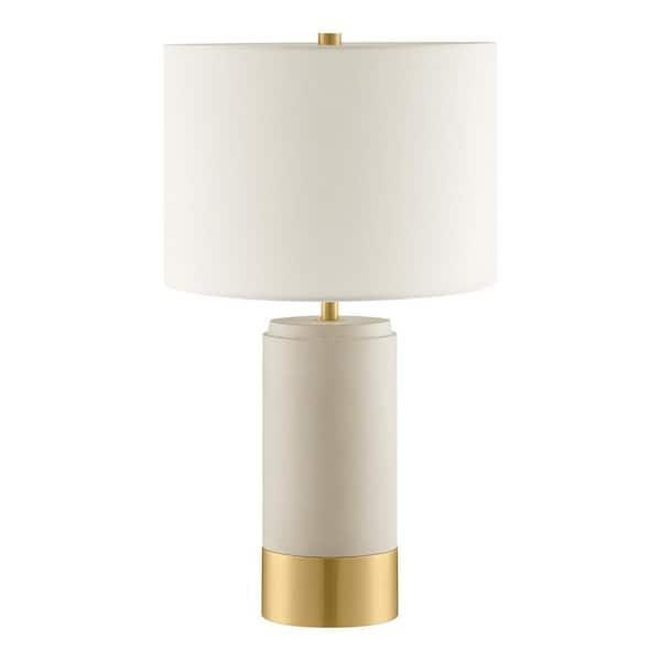 Brayward 25 in. Tan Concrete With Gold Metal Trim Table Lamp With Off-White Linen Fabric Shade