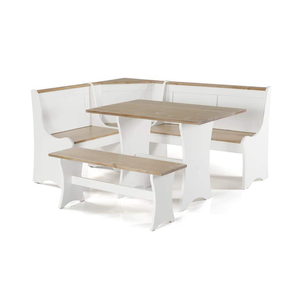 Becker 3-Piece L-Shaped White and Driftwood Wood Top Nook Dining Set Seats 
