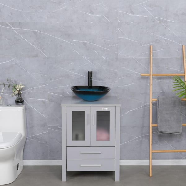 eclife 24 in. W x 20 in. D x 32 in. H Single Sink Bath Vanity in Gray with Turquoise Glass Vessel Sink Top ORB Drain Faucet Set