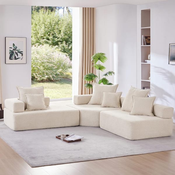 103.5 in. W Oversized Boucle Fabric Modular Sectional Sofa in Beige with 6 Pillows, No Assembly Required