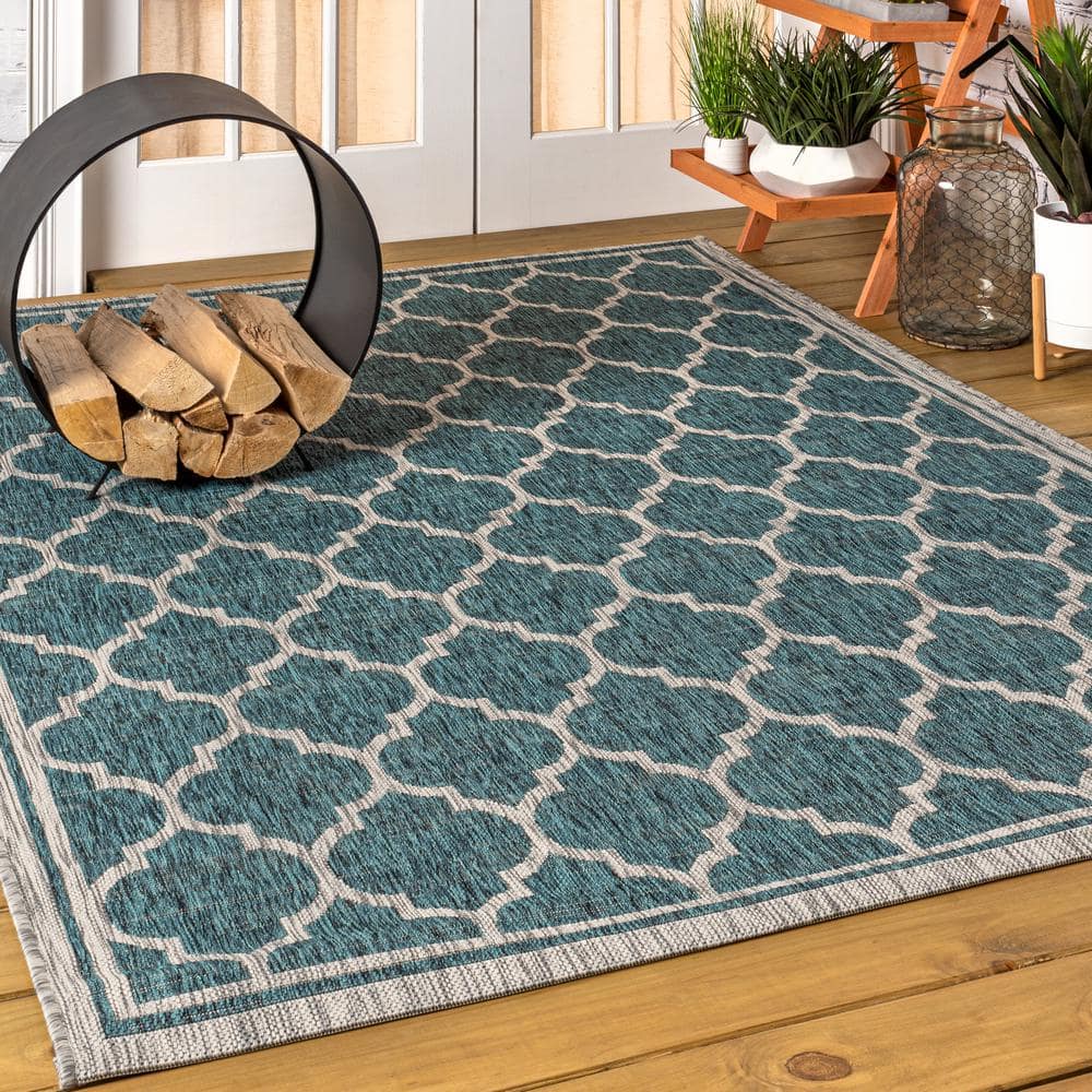 Gray and Teal Synthetic Trellis 4' x 6' Reversible Rug