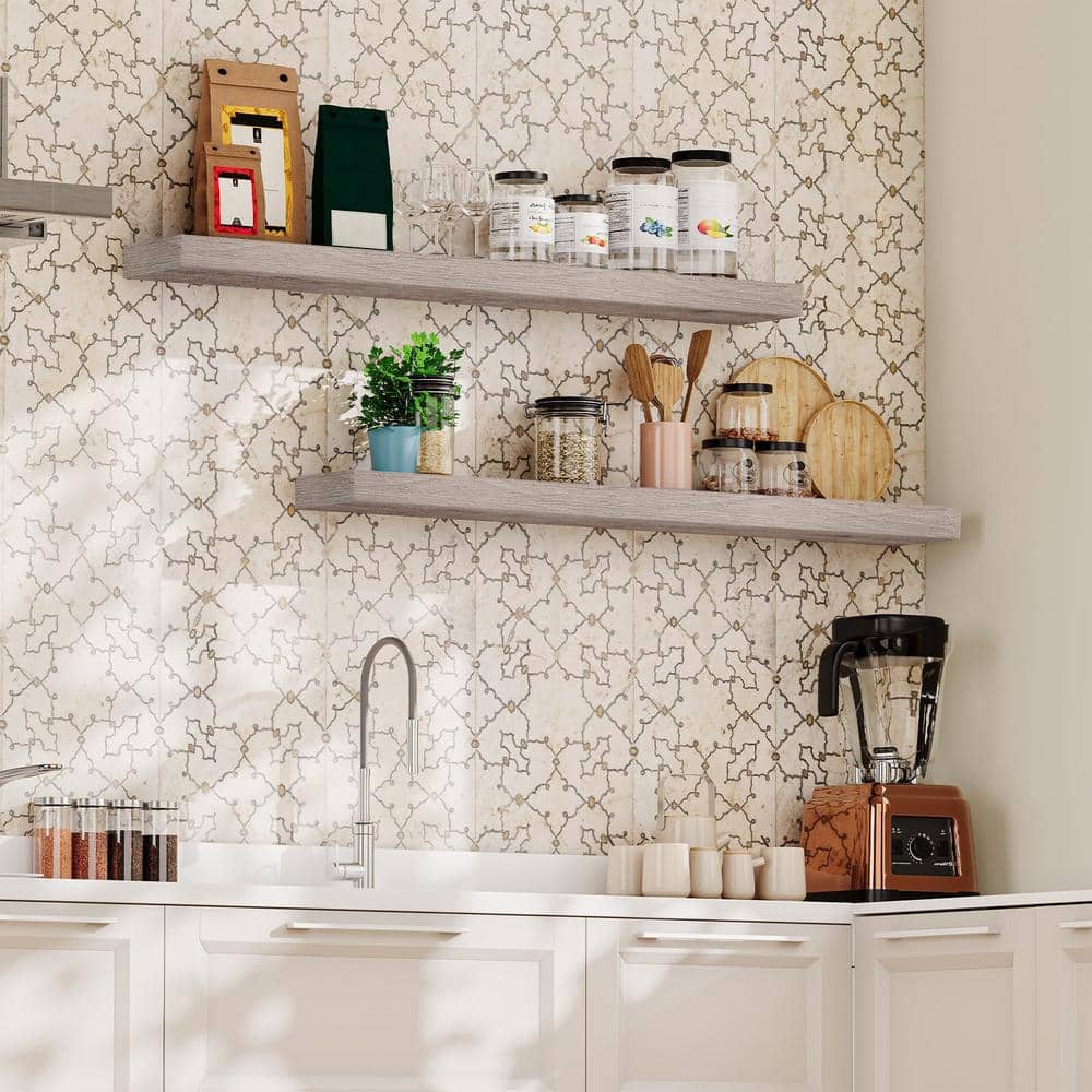 47.2" Greige Wood Floating Wall Shelf Set with Invisible Brackets