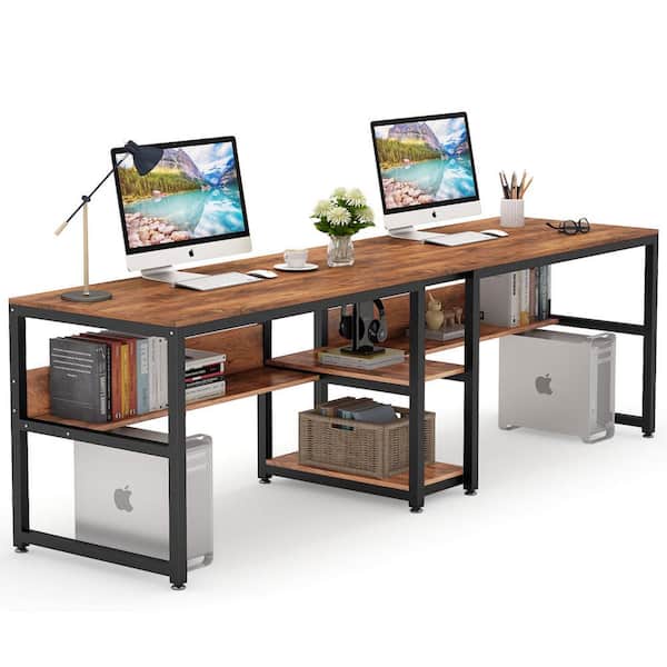 Tribesigns Cassey 78.7 in. Retangular Rustic Brown Wood and Metal Computer Desk Double Desk for Two Person with Shelf